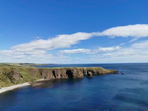 A wide, tranquil expanse of deep-blue ocean with soft ripples glistens under a clear, cloud-speckled sky, the distant horizon blending sea and sky in bright daylight.