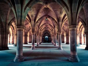 Dramatic cloisters that run through the University of Glasgow.