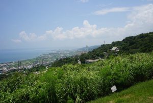 Lush green foliage descends down a hill to the coastline dotted with small villages during one of the best time to visit Okinawa