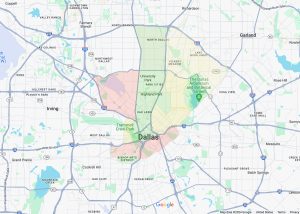 a map highlighting safe and unsafe neighborhoods of dallas using red, yellow, and green. 